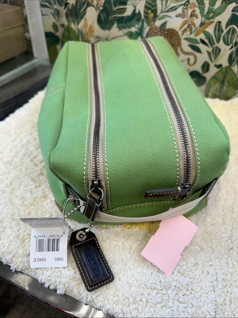 Coach Green Canvas Double-Zip Cosmetic Case with Leather Trim NWT
